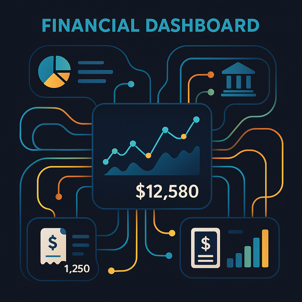 A visually dynamic dashboard displaying interconne